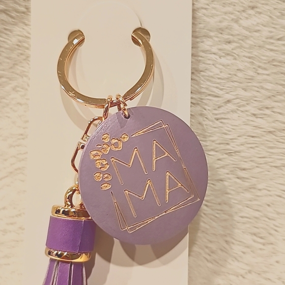 BRAND NEW! Wooden "MAMA" Purple Leather Tassel Keychain Purse Charm Mother’s Day - Picture 3 of 4